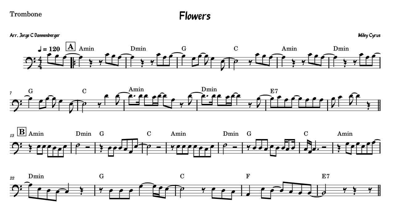 Flowers, Miley Cyrus, pop, trombone, sheet, music, transcription, trombon, trombone solo, free download, Flowers score, Flowers sheet music, score
