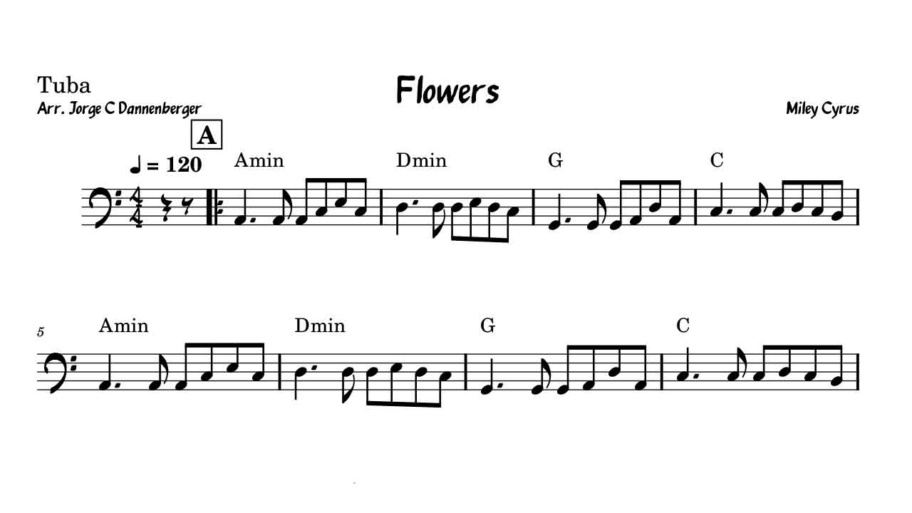 Flowers, Miley Cyrus, pop, tuba, sheet, music, transcription, tuba, tuba solo, free download, Flowers score, Flowers sheet music, score