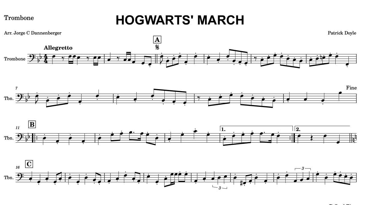 trombone, sheet, music, transcription, trombon, free download, cover, trombone solo, trumpet, trompeta, hogwarts, hogwarts march, duet