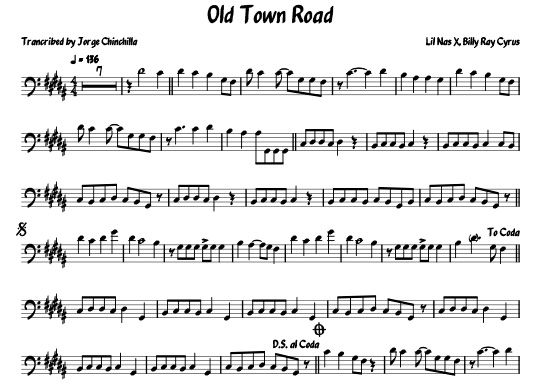 pop, trombone, sheet, music, transcription, trombon, free download, cover, trombone solo, Old Town Road, Old Town Road cover, Old Town Road sheet music, Old Town Road score, Lil Nas X, Billy Ray Cyrus