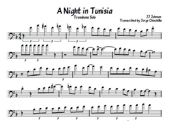 j j johnson, jazz, trombone, sheet, music, transcription, anight at tunisia, trombon, free download