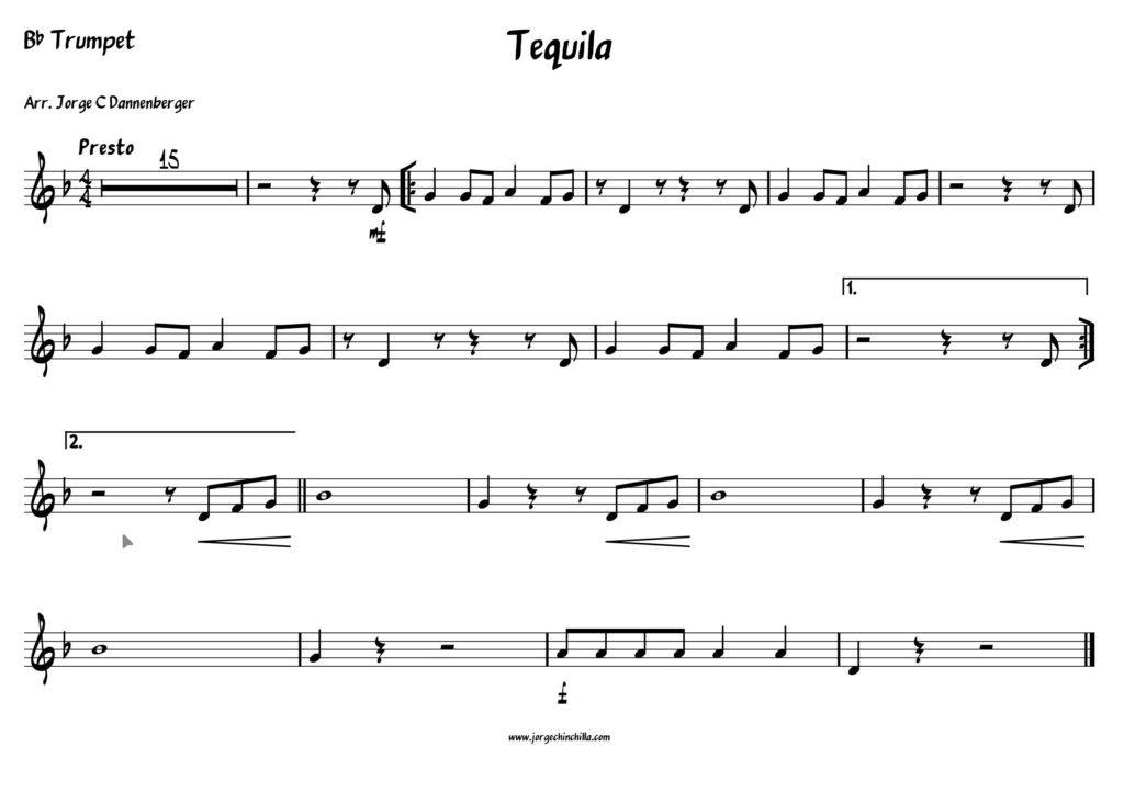 Tequila, trumpet, sheet music, easy,