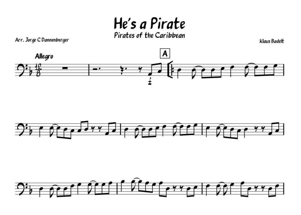 He’s a pirate, sheet music, trombone sheet music, easy sheet music, pirates of the Caribbean
