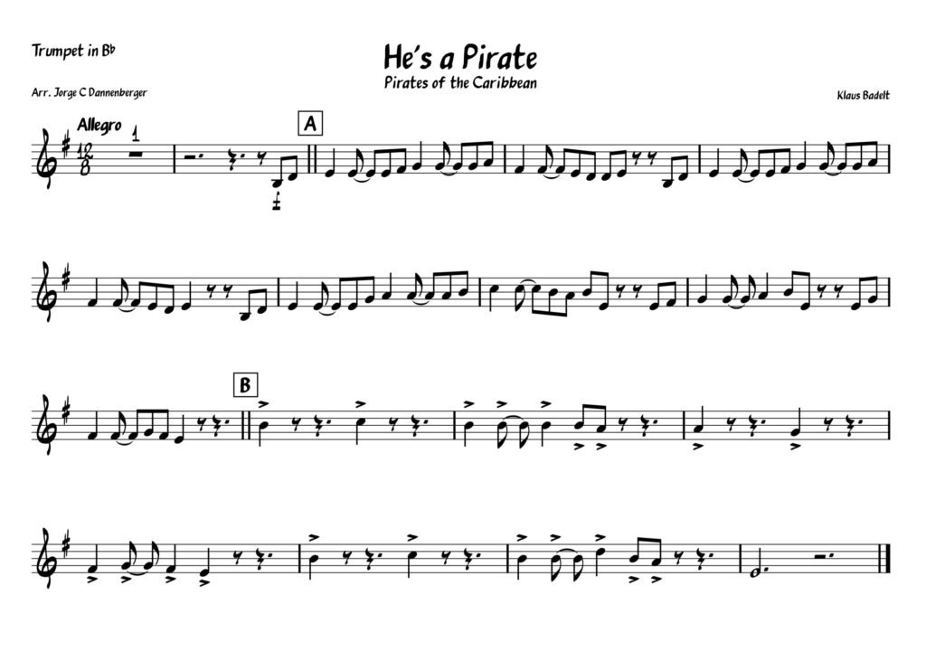 He’s a pirate, sheet music, trumpet sheet music, easy sheet music, pirates of the Caribbean