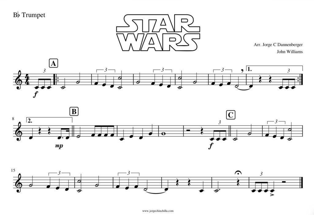 Star Wars Theme easy sheet music for beginner trumpet players